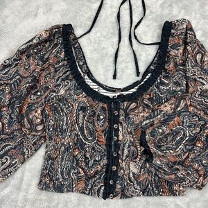 NWT Free People Dare Me Tie Back Velvet Blouse Black Combo Size XL Retail $128